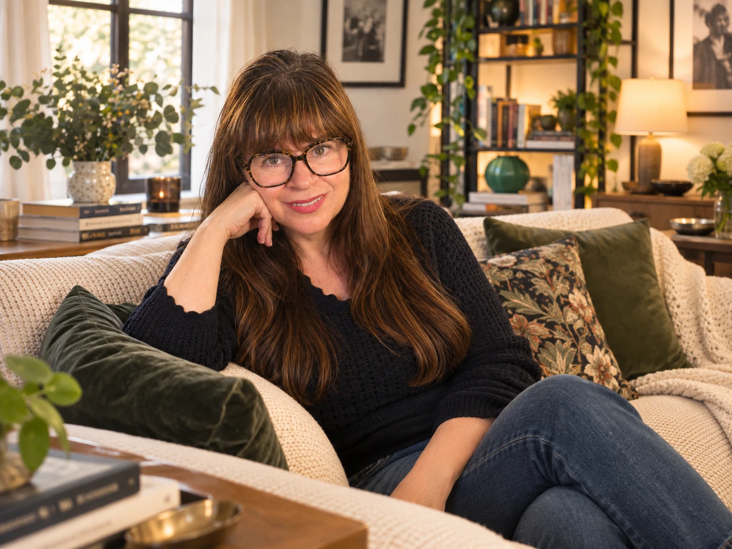 Dr. Alison Feit relaxing on a couch at home
