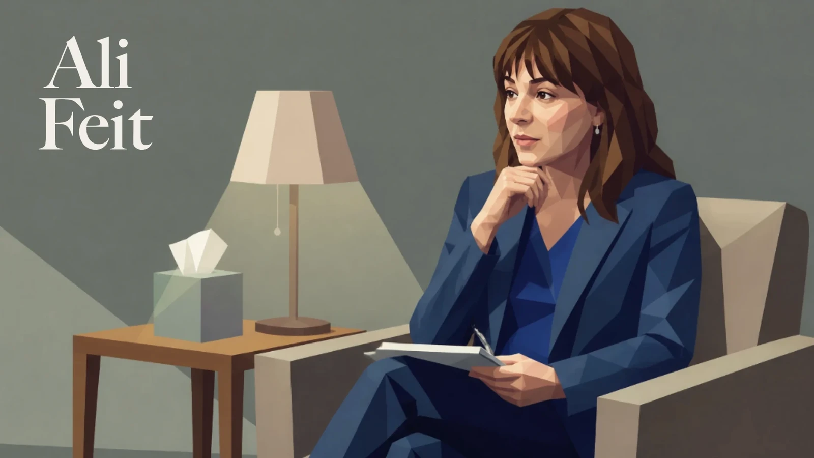 Illustration of Dr. Alison Feit in an armchair beside a lamp, holding a notepad