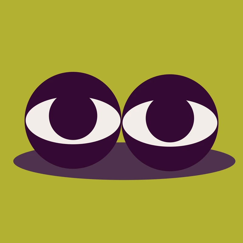 Two wide-open eyes side by side on an olive green background