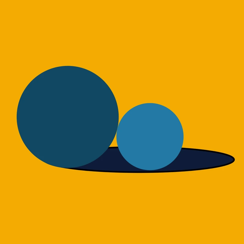 A large dark blue circle beside a smaller light blue circle on a golden yellow background