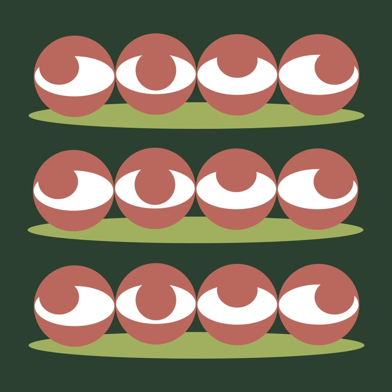 Three rows of identical eyes on a dark green background, each glancing in a slightly different direction